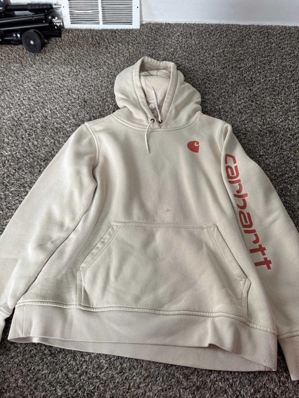 Carhartt Men’s Cream Hooded Sweatshirt with Red Logo
